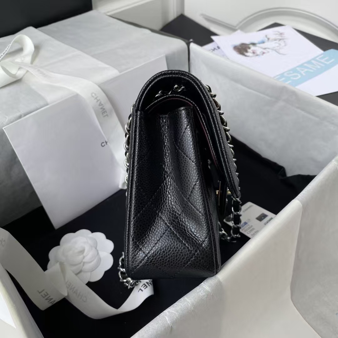 Ch**el SMALL CLASSIC HANDBAG Grained Calfskin & Silver-Tone Metal Black 5.7 × 9 × 2.3 in