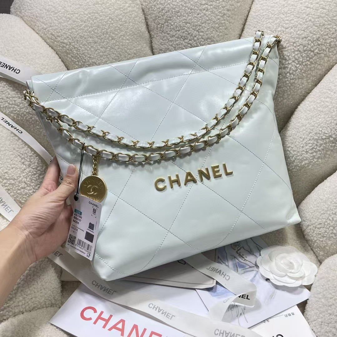 Ch**el 22 SMALL HANDBAG Shiny Calfskin Light Blue 37X35X7cm