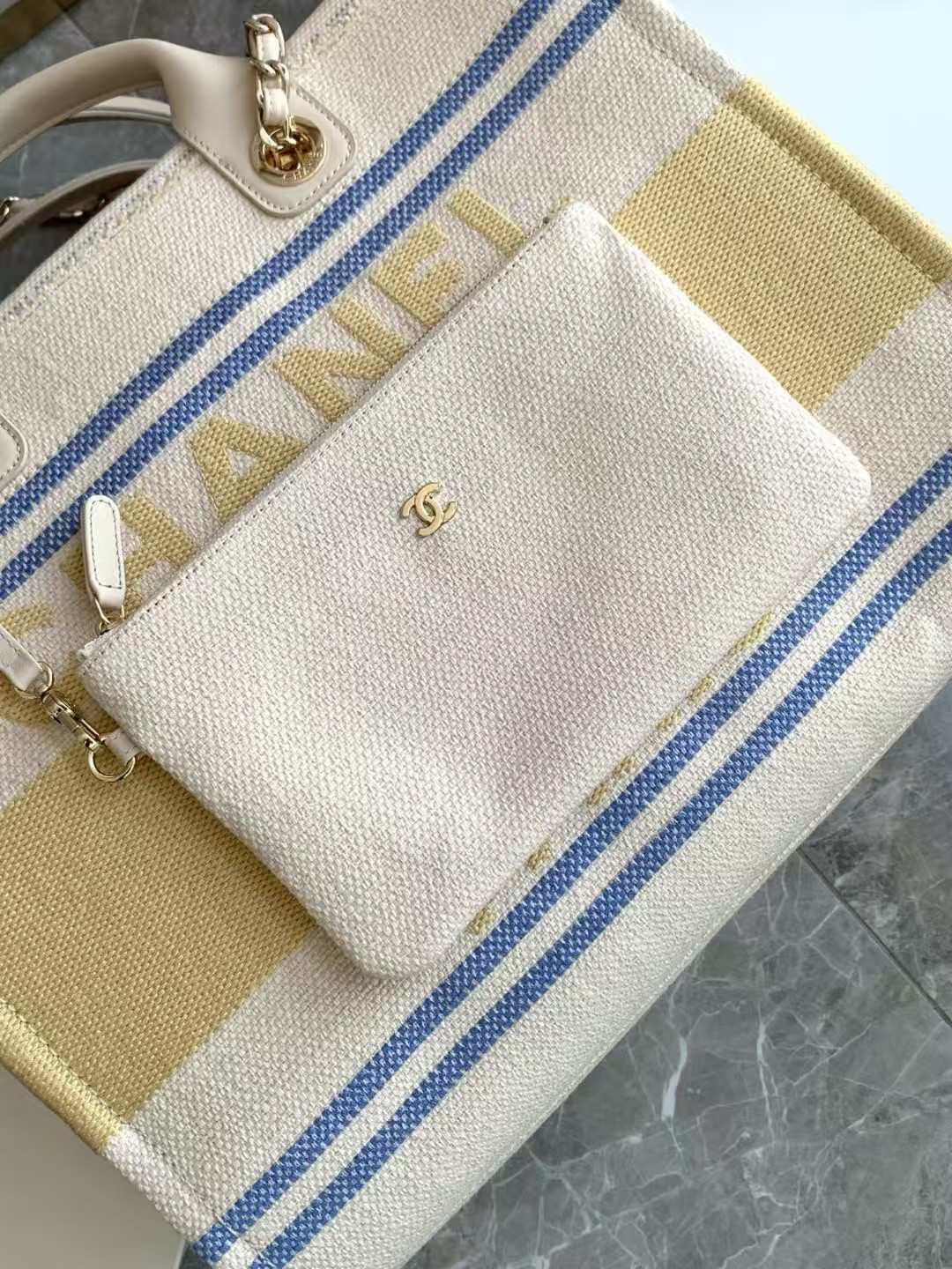 Ch**el Shopping Bag Cotton Canvas & Gold-Tone Metal 38x30x22cm