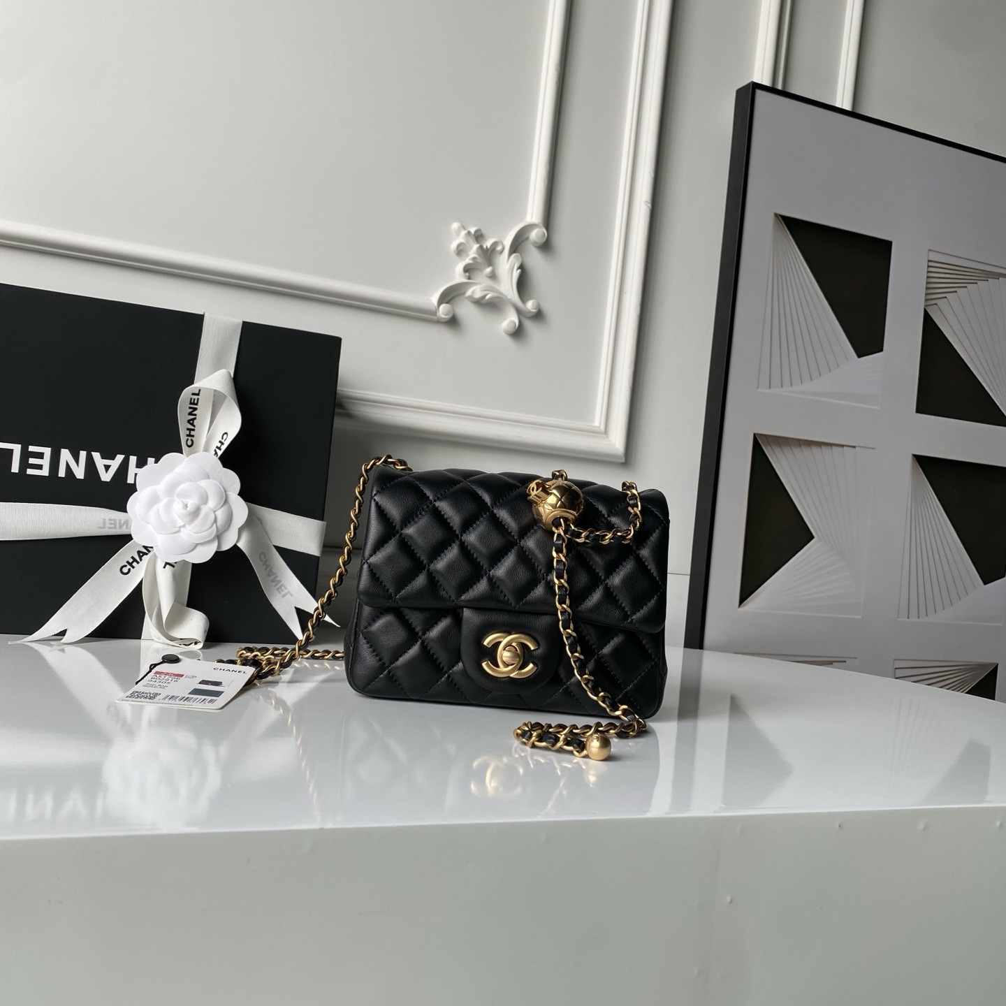 Ch**el MINI FLAP BAG SHINY CALFSKIN & Gold-Tone METAL BLACK 5.3 × 6.6 × 3.1 in