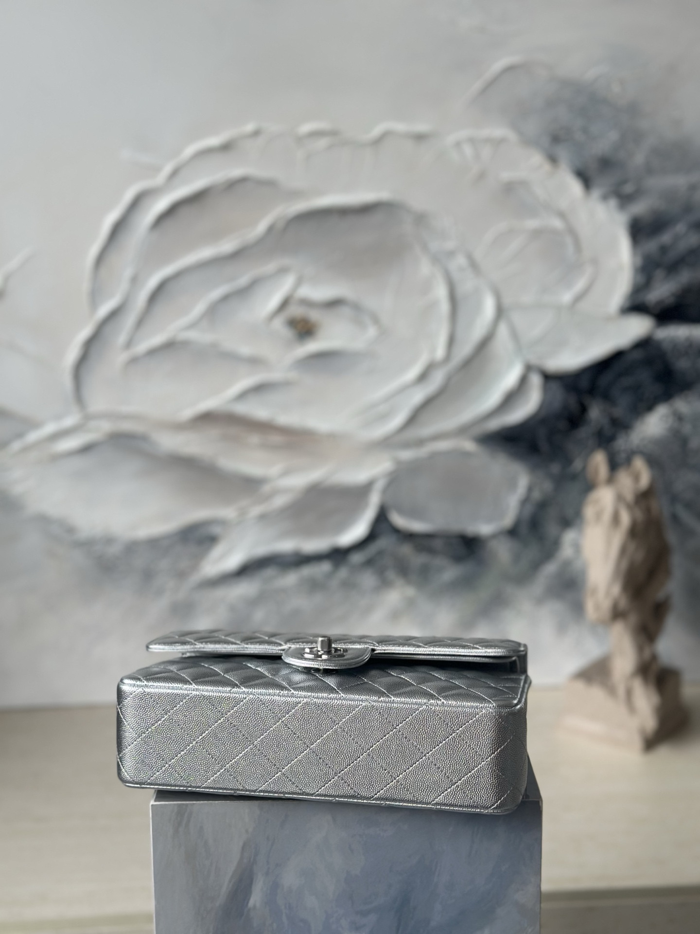 Ch**el Flap Bag Pearlescent Silver AS1112 25.5x15.5x6cm