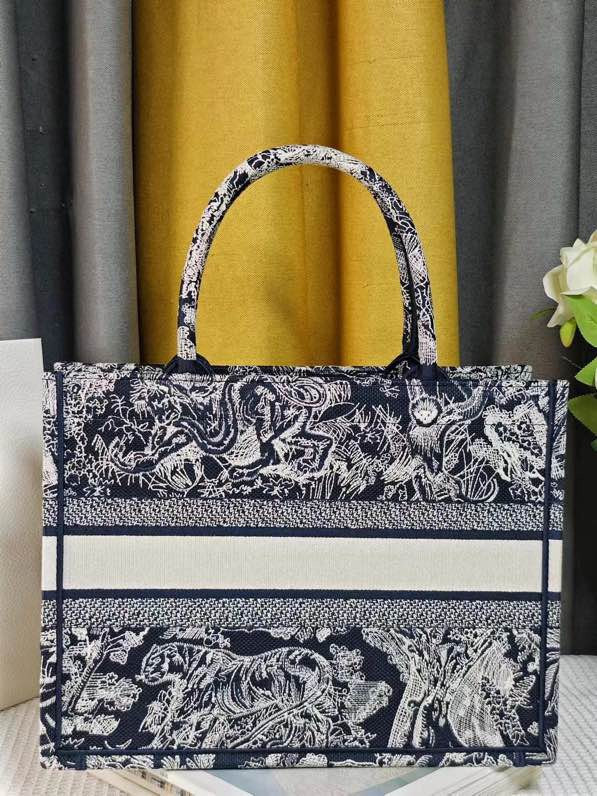 LARGE D10r BOOK TOTE Blue and Ecru Toile de Jouy Reverse Embroidery 16.5 x 14 x 7.5 inches