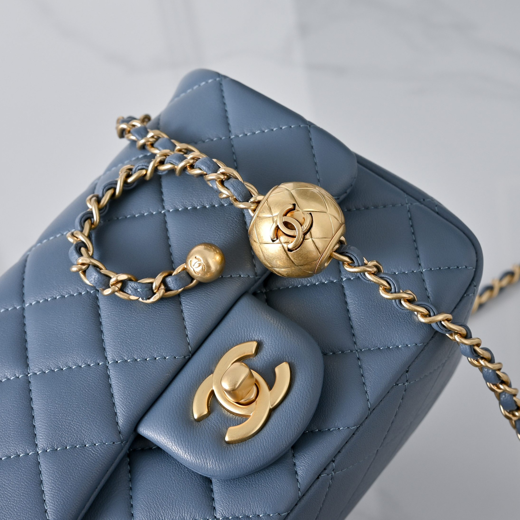 Ch**el Mini Flap Bag Misty Blue AS1786 13.5x17x8cm