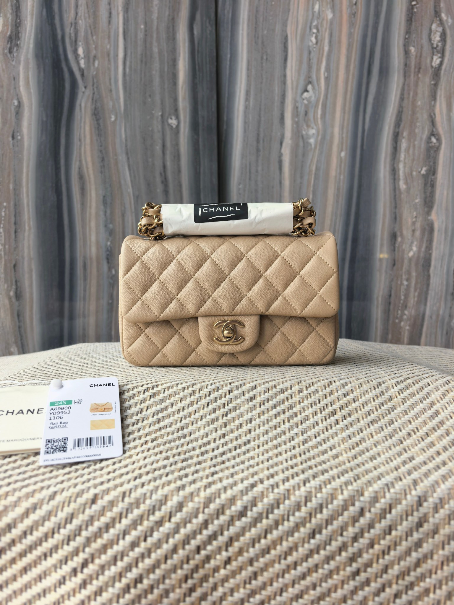 Ch**el Mini Flap Bag A69900 Milky Tea Color Light Gold Hardware 20x12x6cm