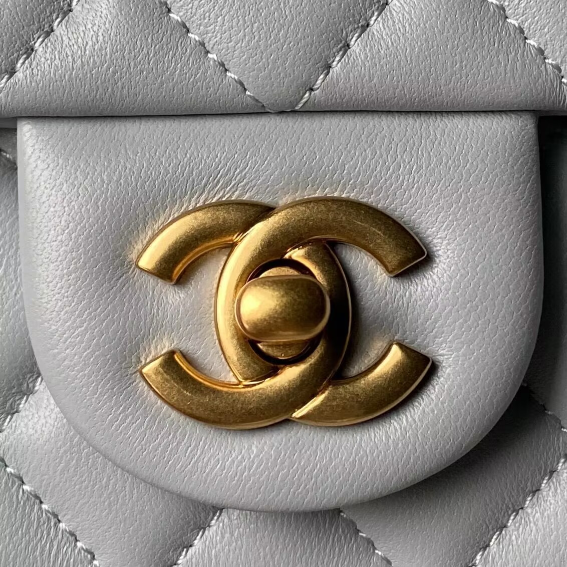 Ch**el MINI FLAP BAG SHINY CALFSKIN & gold-TONE METAL gray 4.7 × 7.8 × 2.3 in