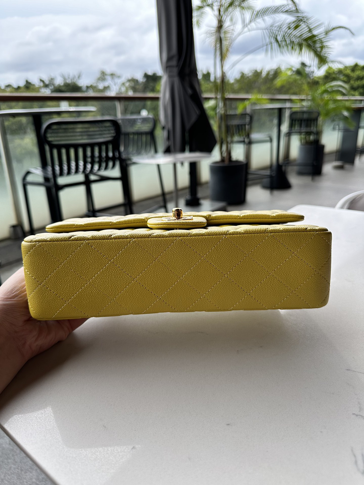 Ch**el CLASSIC HANDBAG GRAINED CALFSKIN & GOLD-TONE METAL yellow 6×9.9×2.5 in