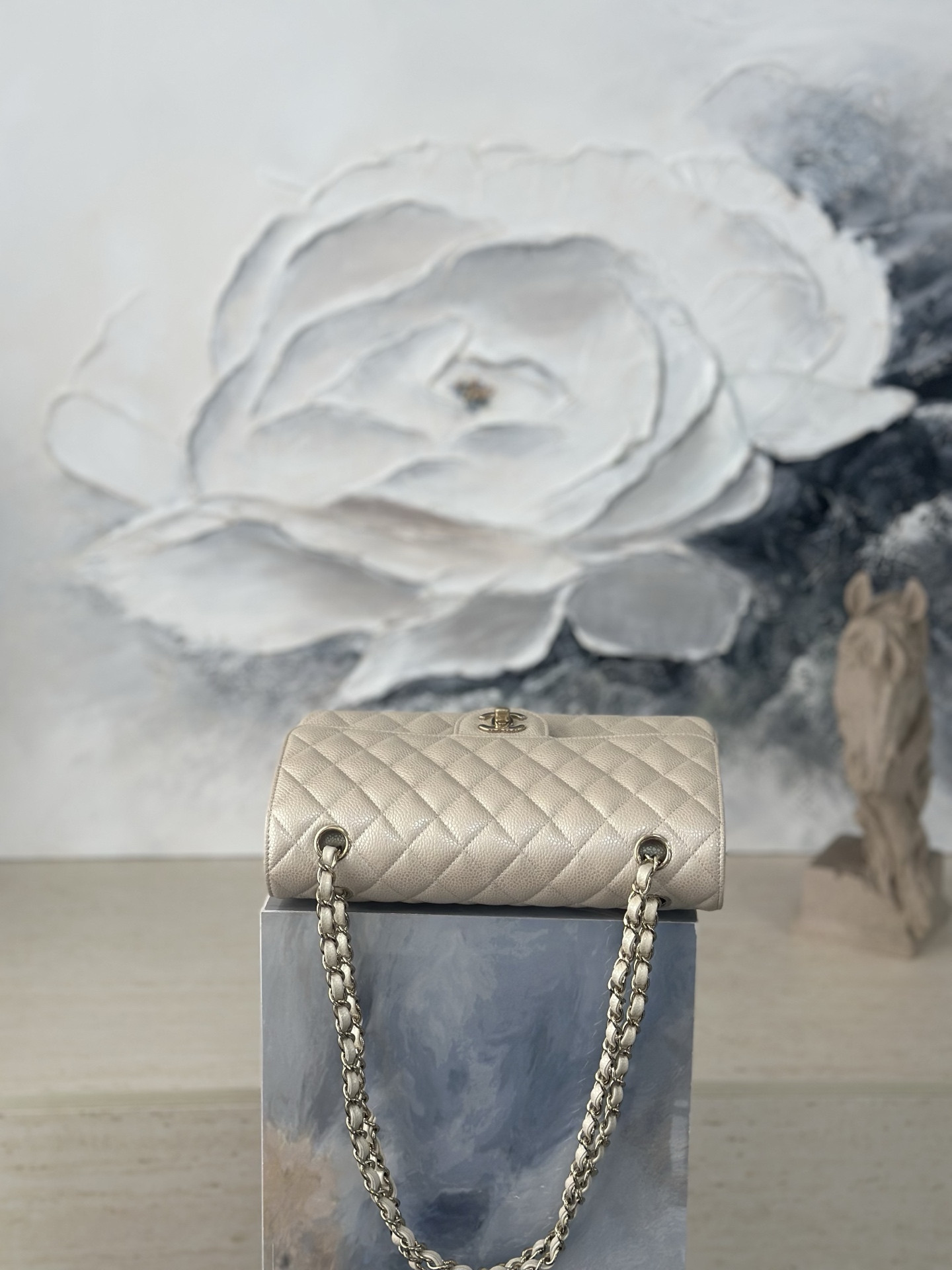 Ch**el Flap Bag Pearlescent Light Beige AS1112 25.5x15.5x6cm