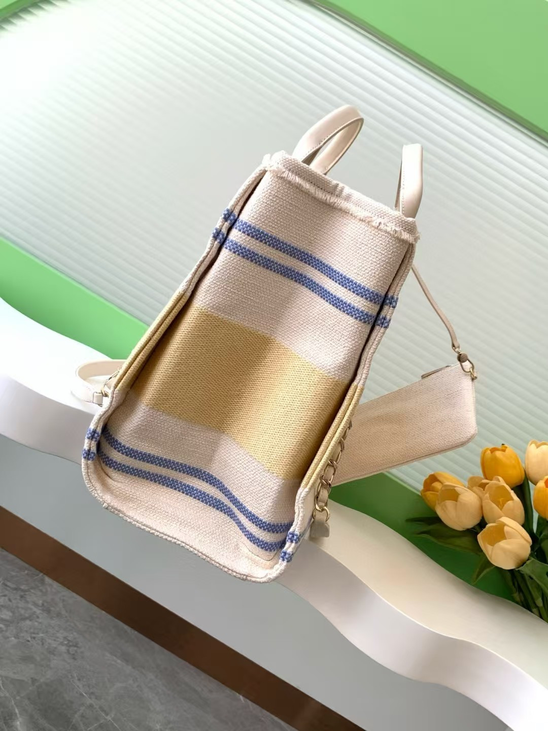 Ch**el Shopping Bag Cotton Canvas & Gold-Tone Metal 38x30x22cm
