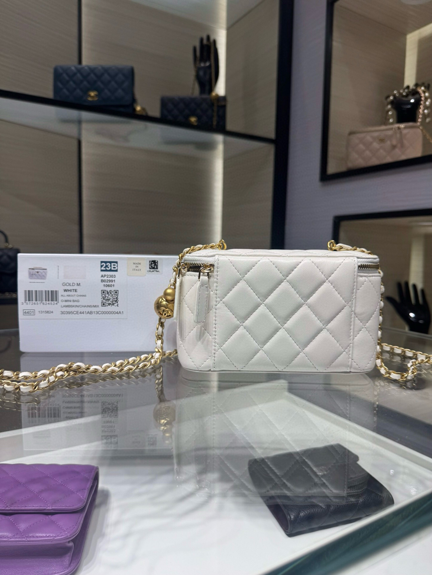 Ch**el Walnut Gold Ball Chain with Makeup Mirror Lamb Leather Square Box Shoulder Bag Women