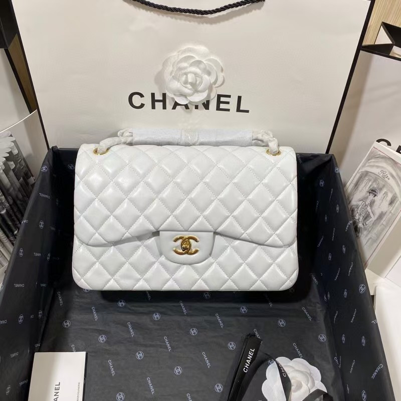 Ch**el Classic Flap Jumbo 30cm CF White Gold 7.6 × 11.7 × 3.9 in
