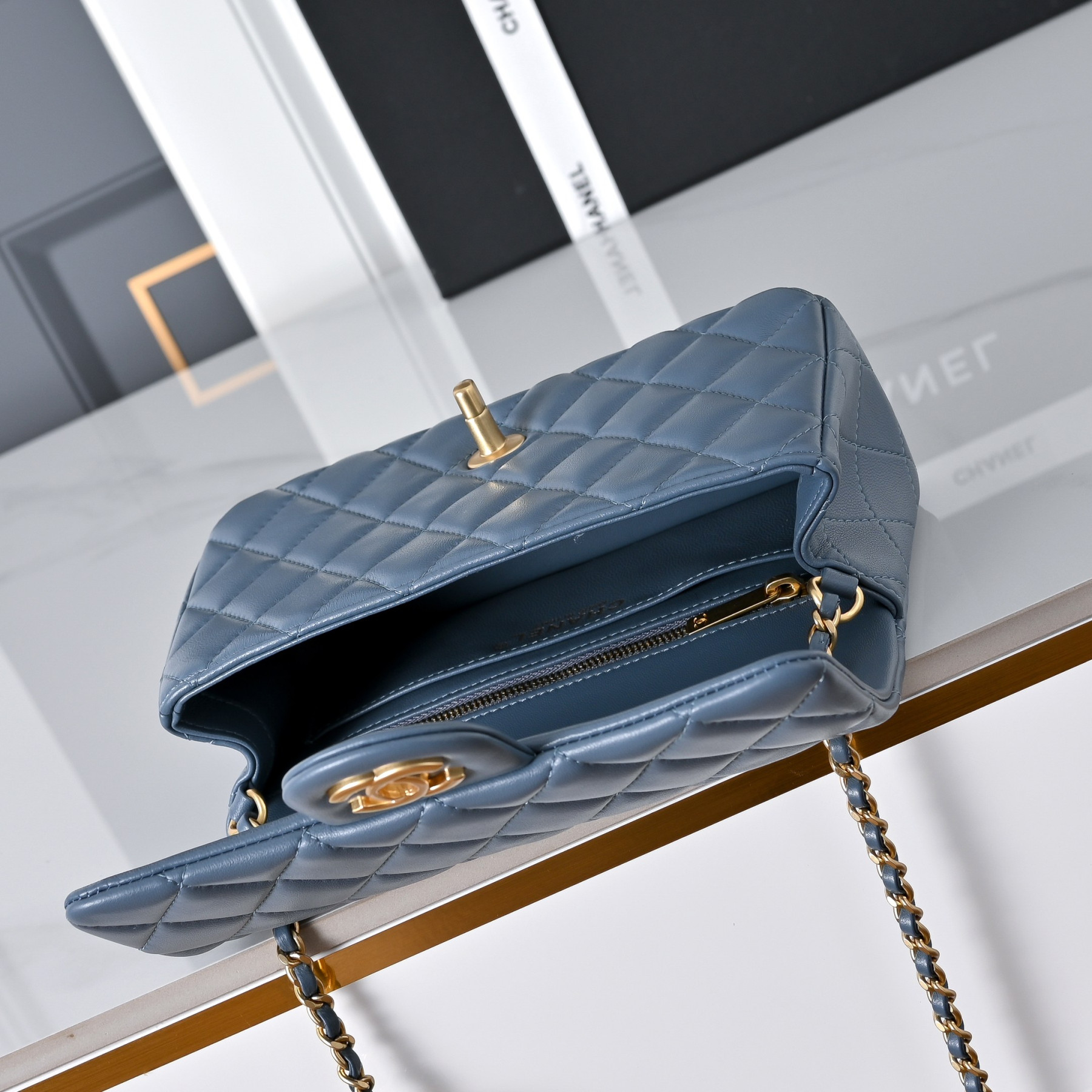 Ch**el Flap Bag Misty Blue AS1787 20x13x7cm