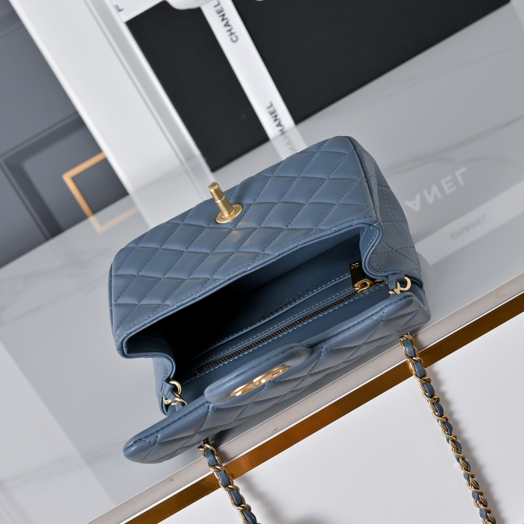Ch**el Mini Flap Bag Misty Blue AS1786 13.5x17x8cm