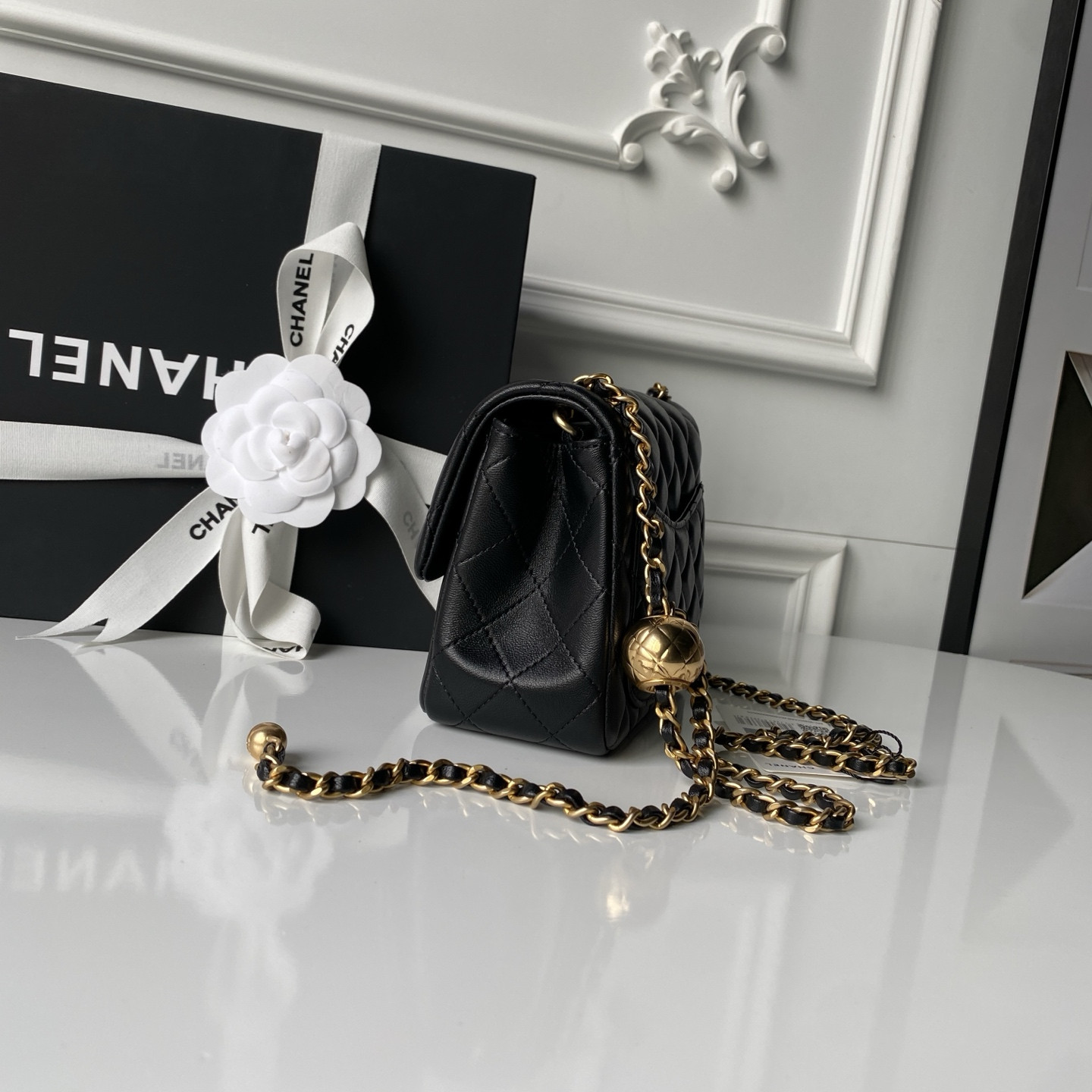 Ch**el MINI FLAP BAG SHINY CALFSKIN & Gold-Tone METAL BLACK 5.3 × 6.6 × 3.1 in