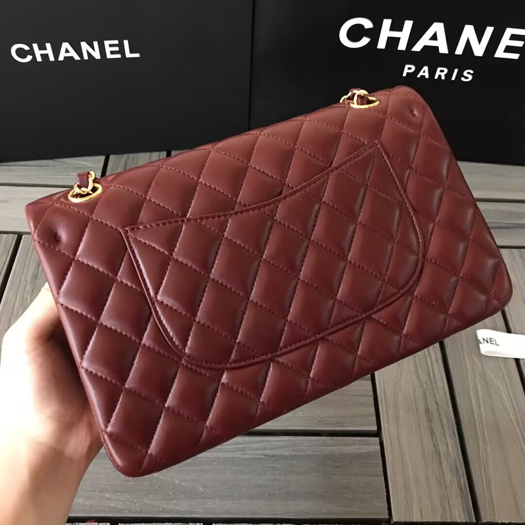 Ch**el CLASSIC 11.12 HANDBAG  Lambskin &Brown Metal Burqundy 15.5 x 25.5 x 6.5 cm