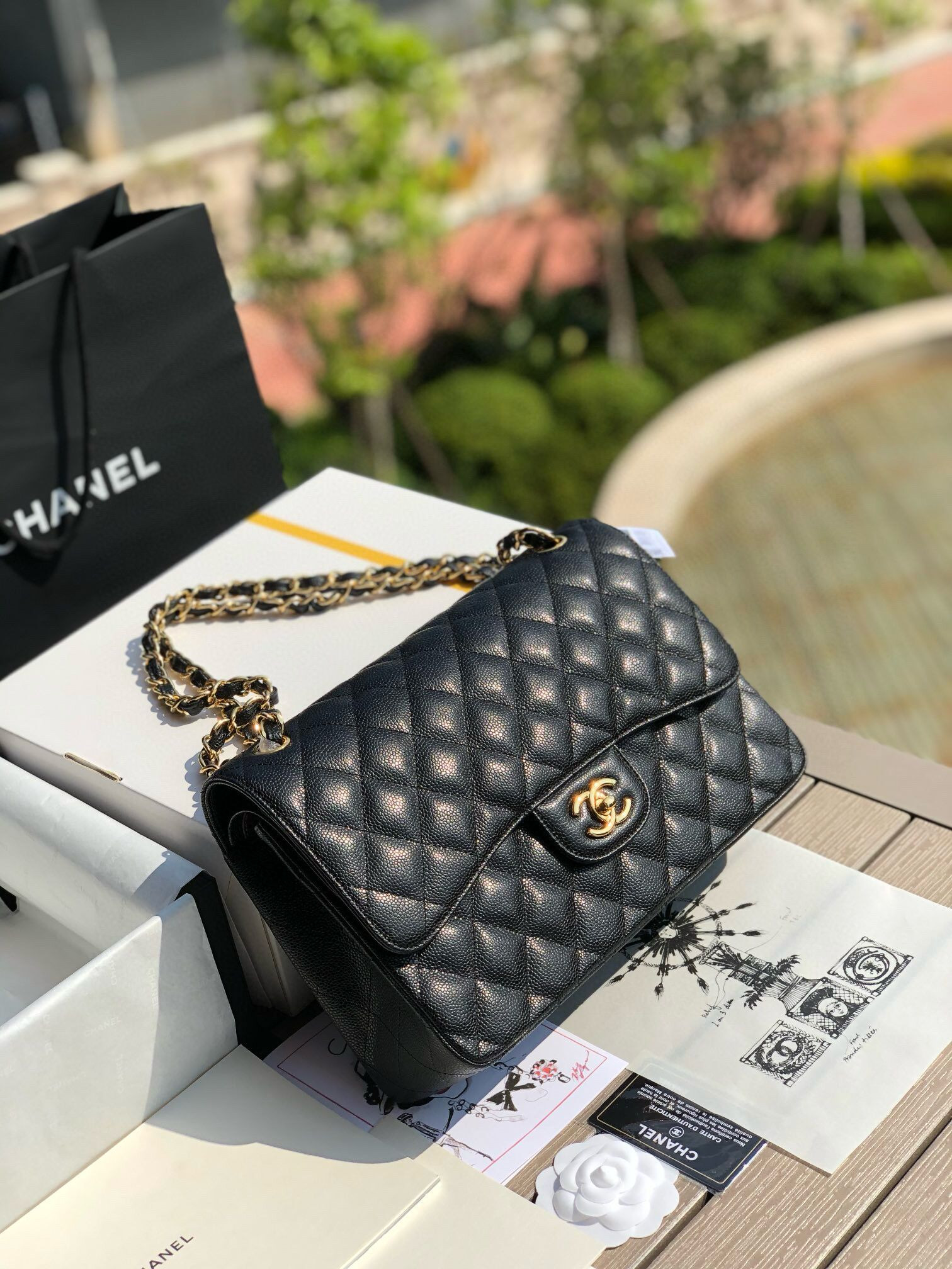 Ch**el Classic Flap Jumbo 30cm CF Black Gold 7.6 × 11.7 × 3.9 in