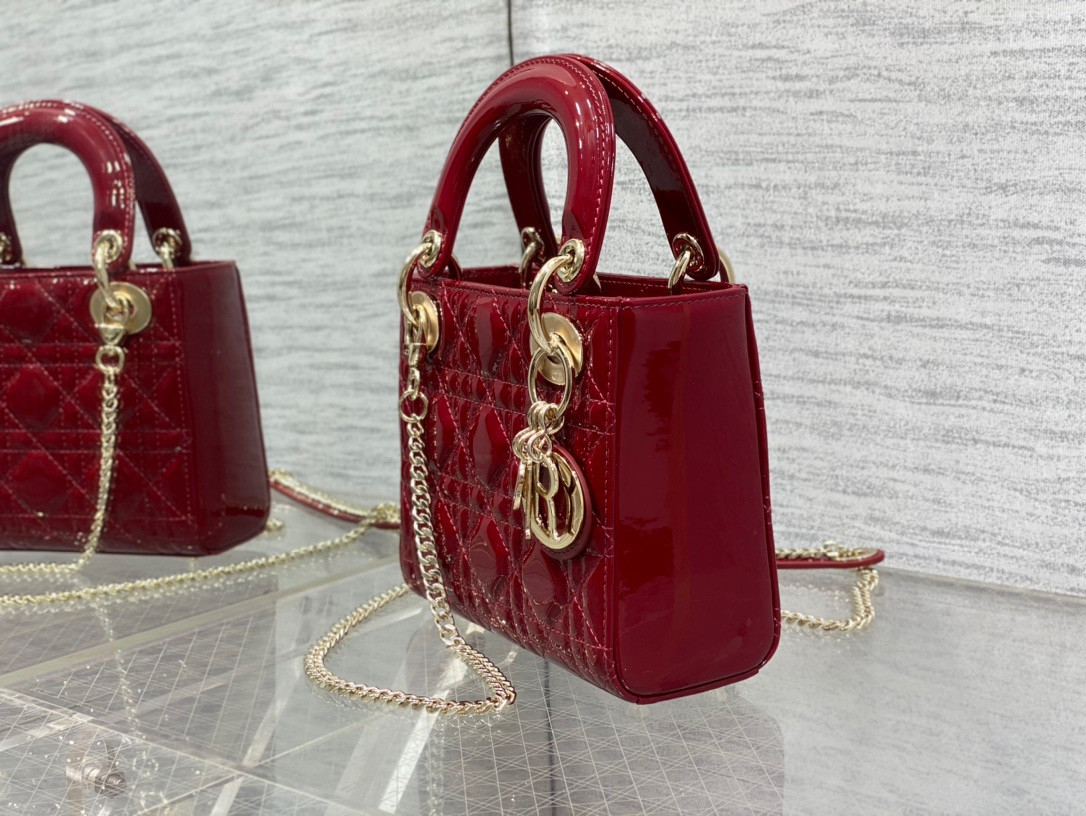Mini Lady D10r Bag  Cherry Red Patent Cannage Calfskin 6.5 x 6 x 3 inches