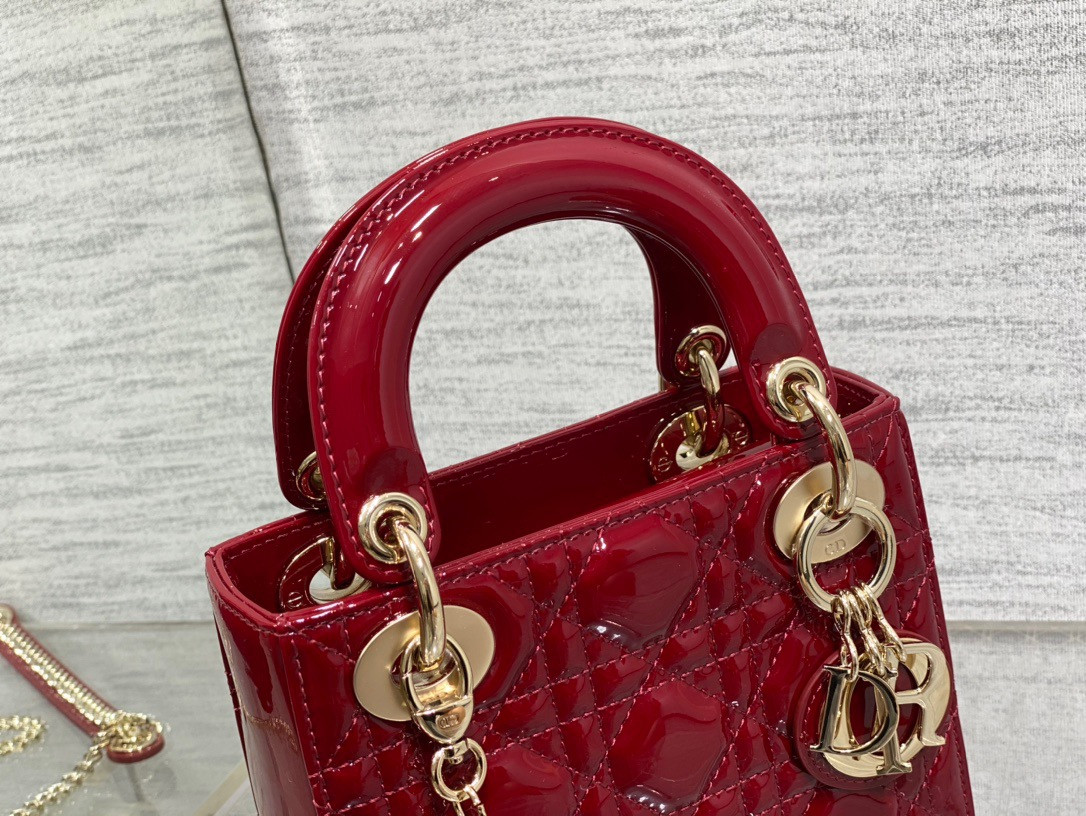 Mini Lady D10r Bag  Cherry Red Patent Cannage Calfskin 6.5 x 6 x 3 inches