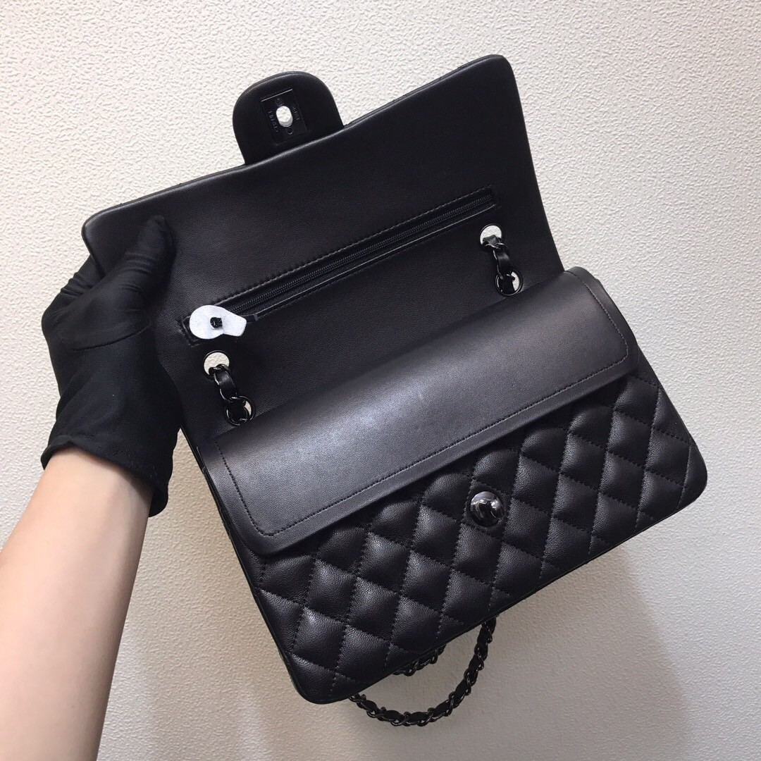 Ch**el CRUMPLED CALFSKIN QUITED DOUBLE FLAP BLACK  15.5x25.5x6.5cm