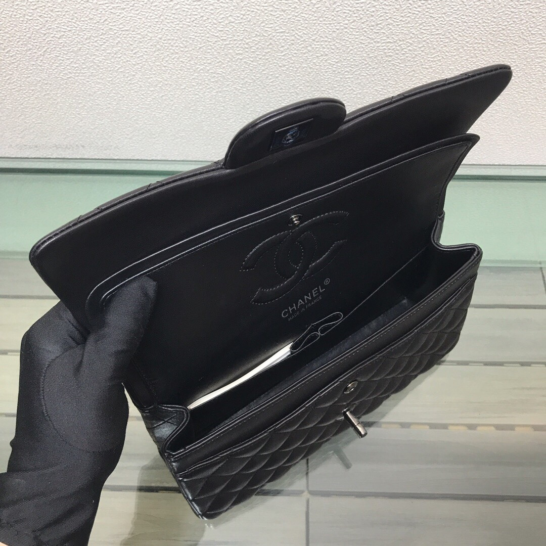 Ch**el CRUMPLED CALFSKIN QUITED DOUBLE FLAP BLACK  15.5x25.5x6.5cm
