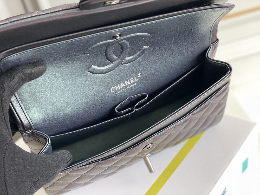 Ch**el CRUMPLED CALFSKIN QUITED DOUBLE FLAP BLACK 19.5×30×10cm