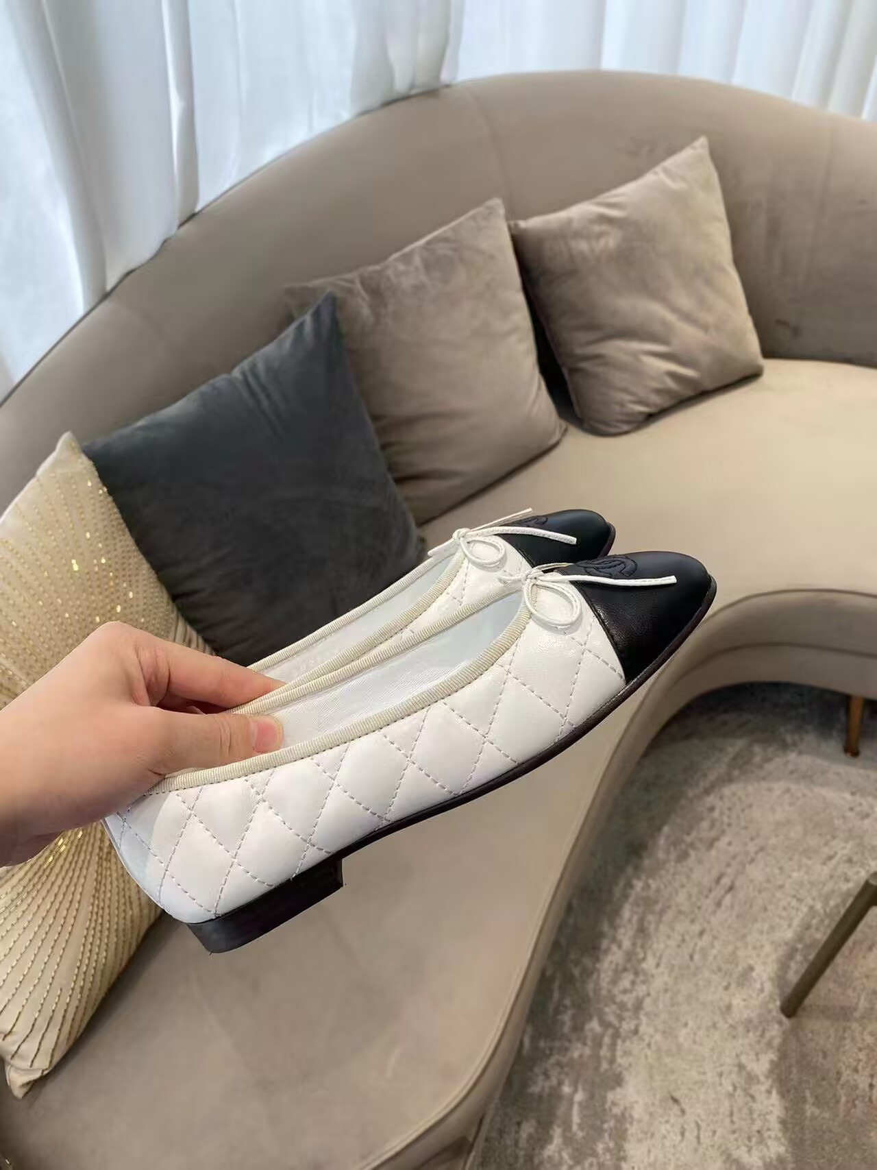 Ch**el BALLET FLATS  Aged Calfskin White & Black