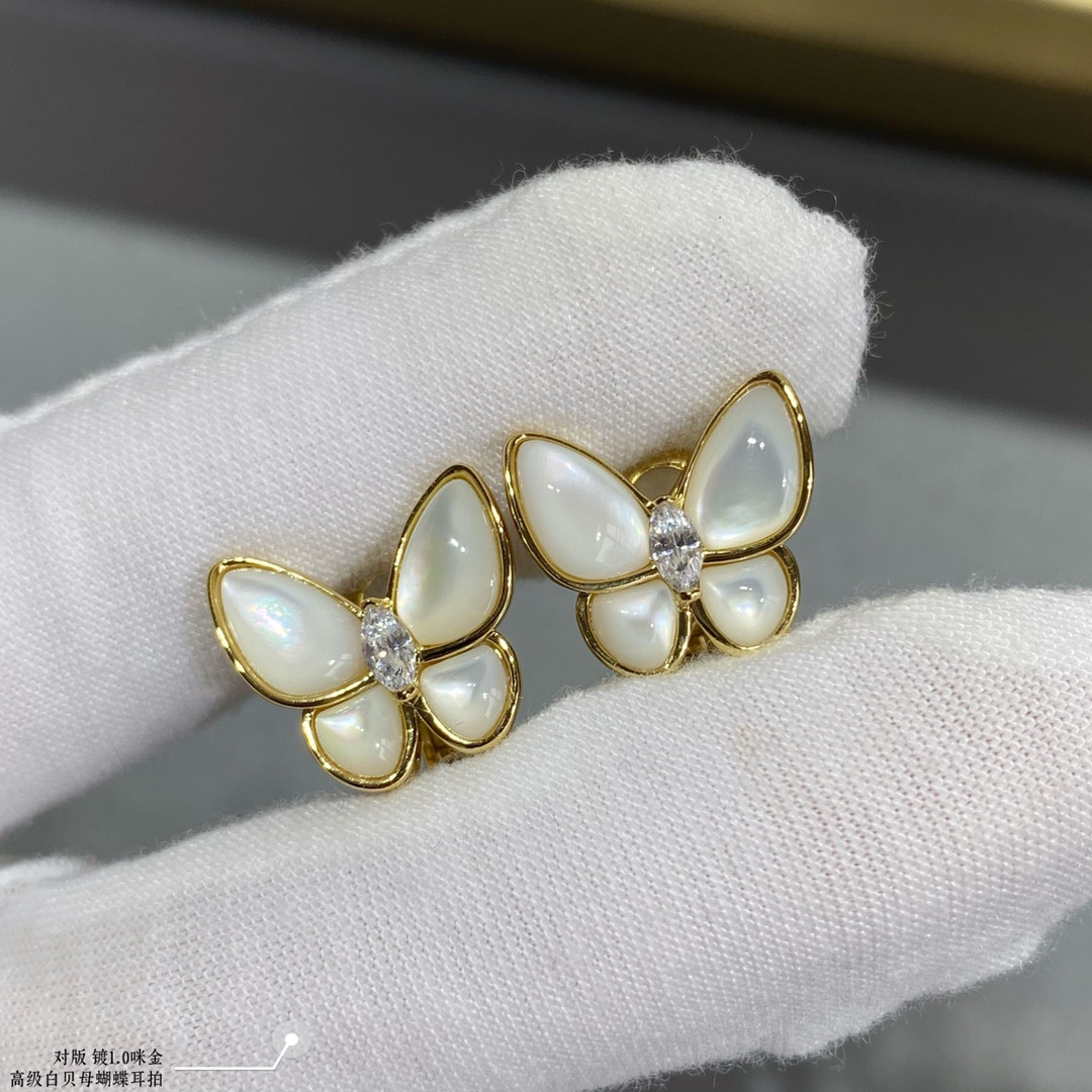 V*n Cl**f & Arpels White Mother-of-Pearl Butterfly Earrings