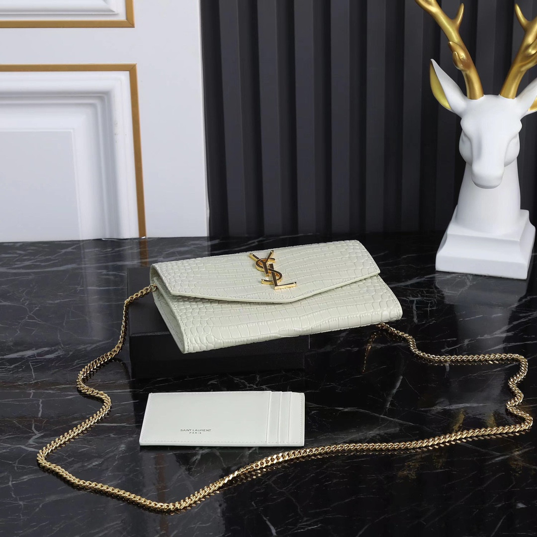 Y51 UPTOWN CHAIN WALLET IN CROCODILE-EMBOSSED SHINY LEATHER 7.5 X 4.7 X 1.2 INCHES