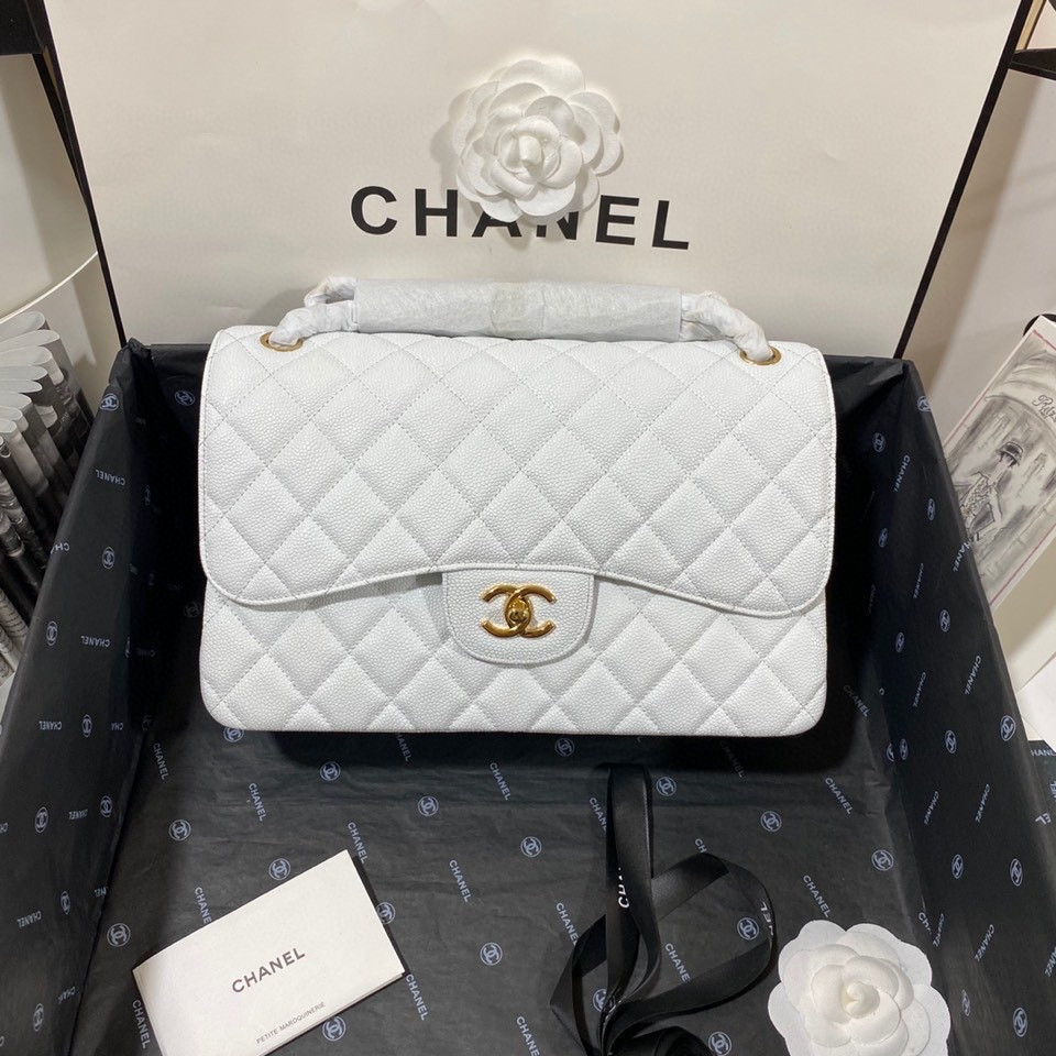 Ch**el Classic Flap Jumbo 30cm CF White Gold  7.6 × 11.7 × 3.9 in