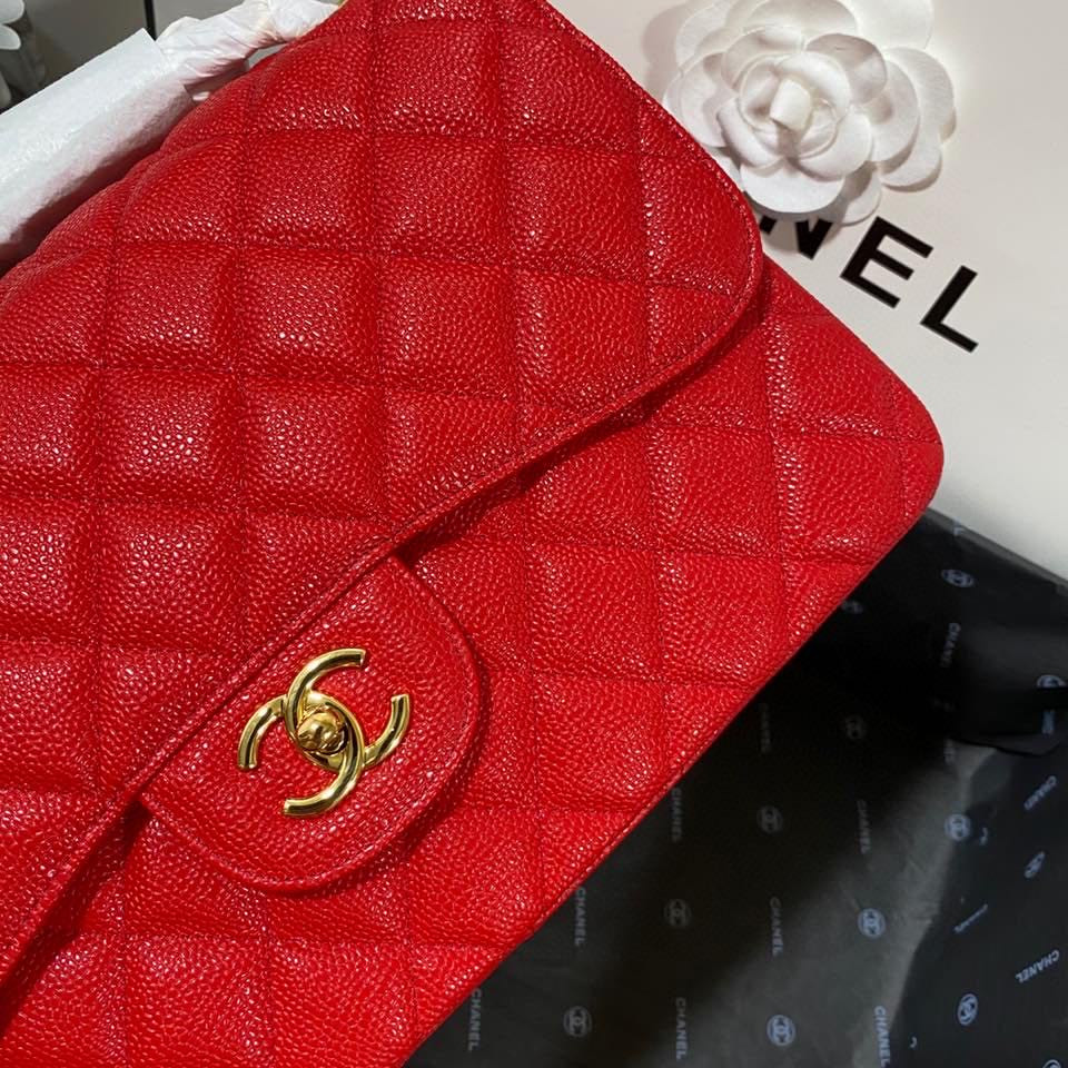 Ch**el Classic Flap Jumbo 30cm CF Red Gold 7.6 × 11.7 × 3.9 in