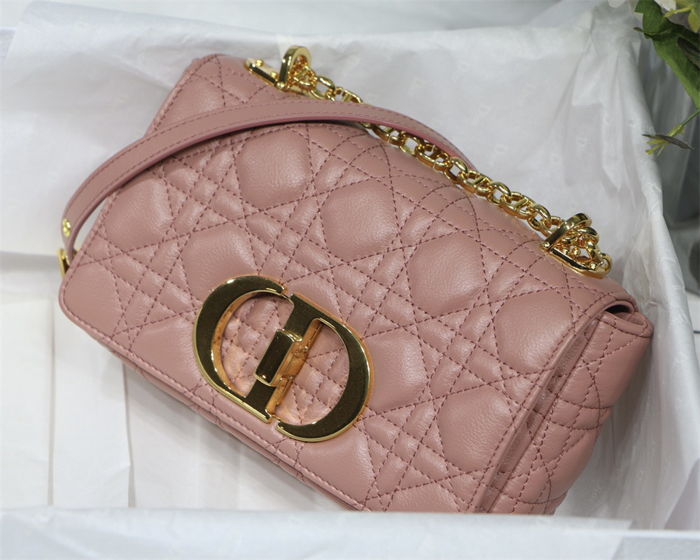 SMALL D10r CARO BAG PINK S*pple Cannage Calfskin With Silver Hardware 20 x 12 x 7 cm