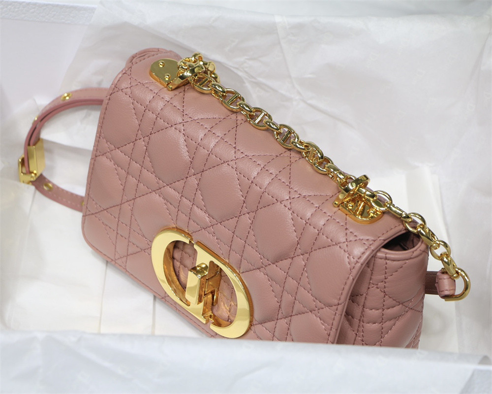 SMALL D10r CARO BAG PINK S*pple Cannage Calfskin With Silver Hardware 20 x 12 x 7 cm