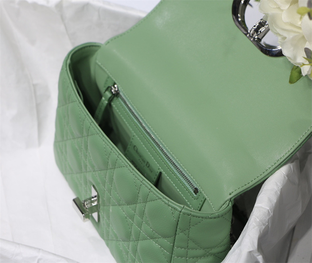 SMALL D10r CARO BAG gREEN S*pple Cannage Calfskin With Silver Hardware 20 x 12 x 7 cm