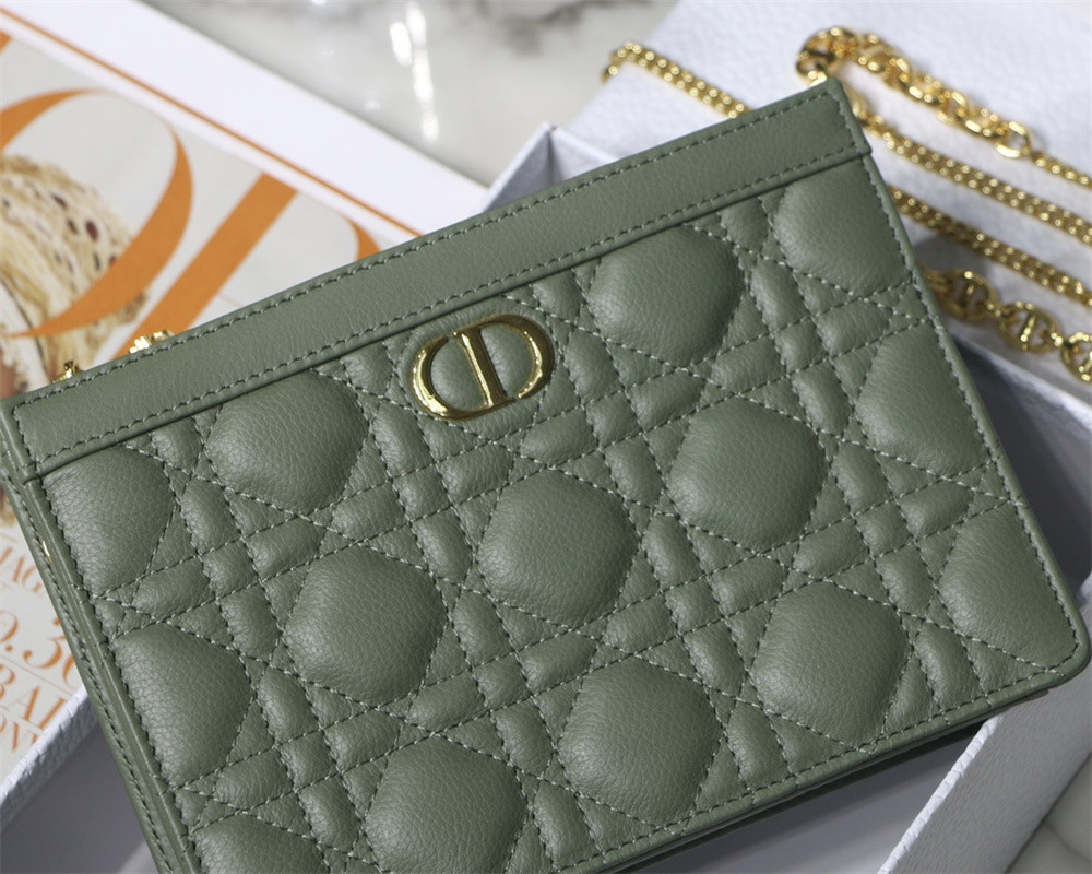 D10r CARO ZIPPED POUCH WITH CHAIN Green S*pple Cannage Calfskin 19 x 14 x 4.5 cm