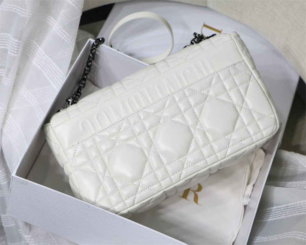 LARGE D10r CARO BAG Ivory S*pple Cannage Calfskin With Silver Hardware 29 x 18 x 10 cm