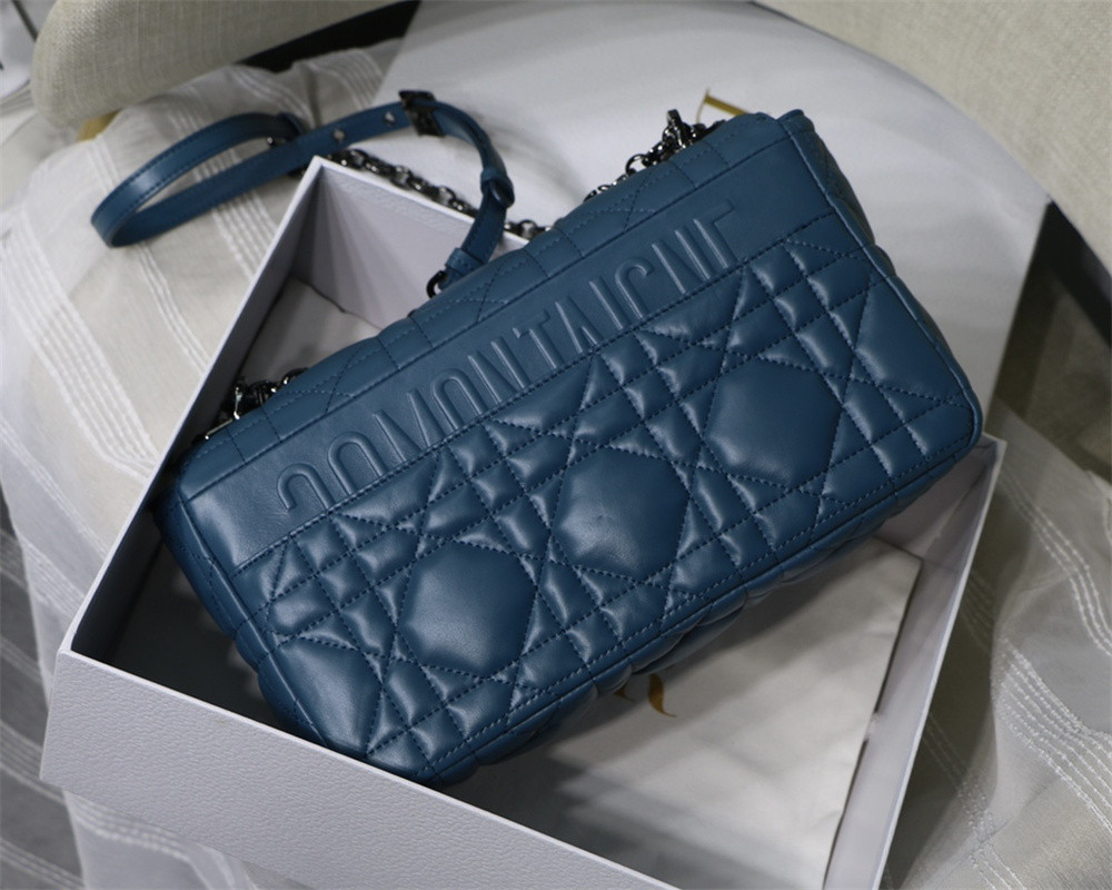 LARGE D10r CARO BAG Navy S*pple Cannage Calfskin With Silver Hardware 29 x 18 x 10 cm