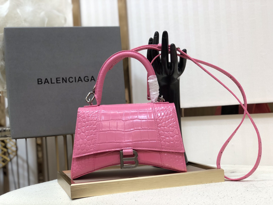 Ba1en*iaga WOMEN'S HOURGLASS SMALL HANDBAG CROCODILE EMBOSSED IN SHINY PINK L9 x H5.5 x W3.9 inch