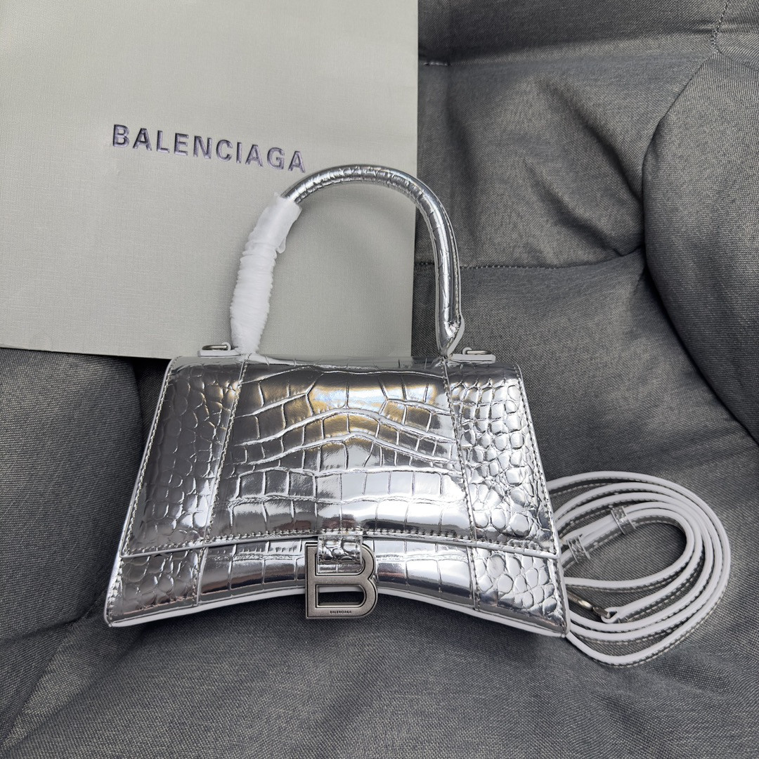 Ba1en*iaga WOMEN'S HOURGLASS SMALL HANDBAG CROCODILE EMBOSSED IN SILVER L9 x H5.5 x W3.9 inch