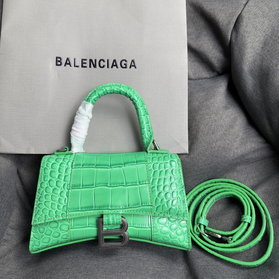 Ba1en*iaga WOMEN'S HOURGLASS MINI HANDBAG CROCODILE EMBOSSED IN SHINY GREEN L7.4 x H5.1 x W3.1 inch