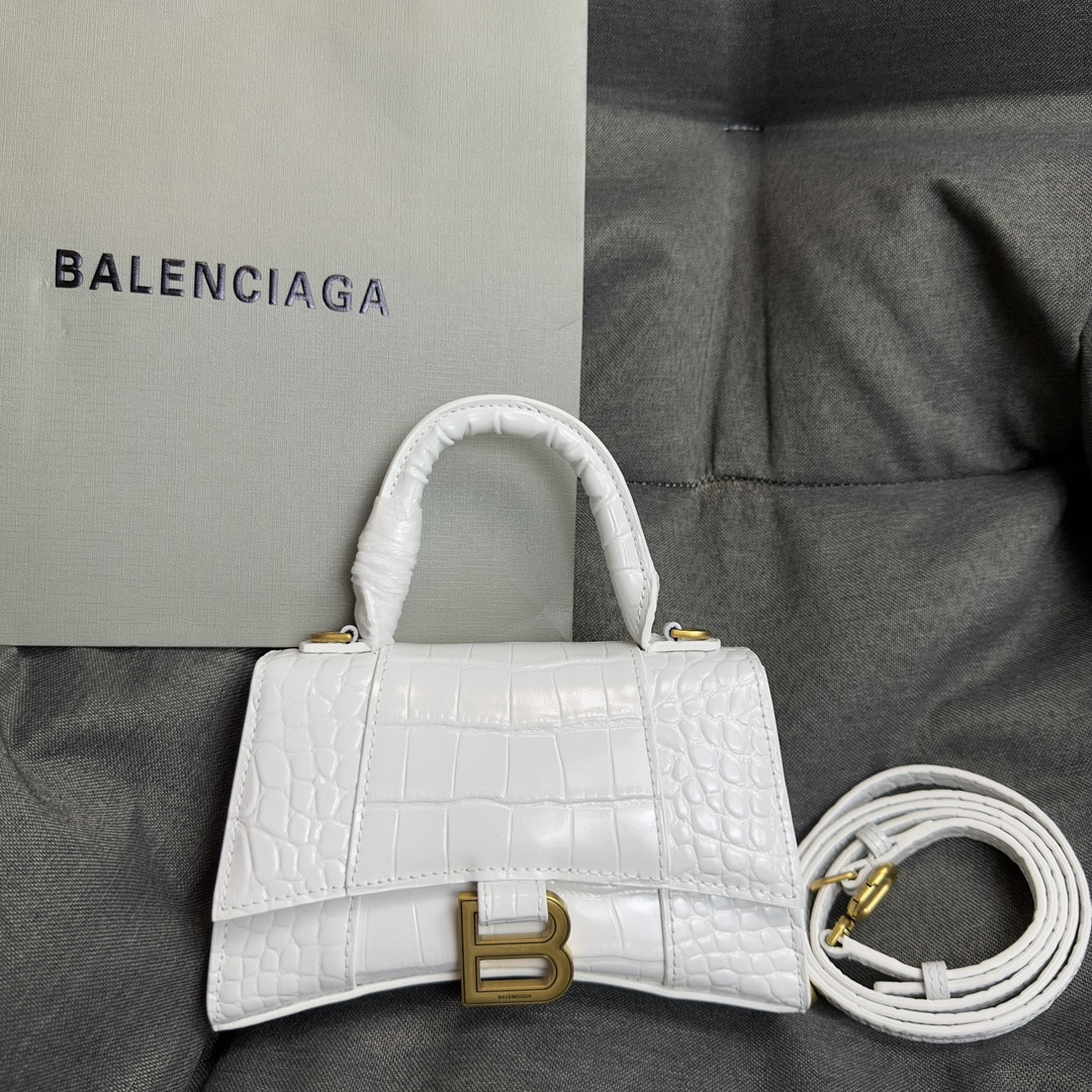 Ba1en*iaga WOMEN'S HOURGLASS MINI HANDBAG CROCODILE EMBOSSED IN WHITE L7.4 x H5.1 x W3.1 inch