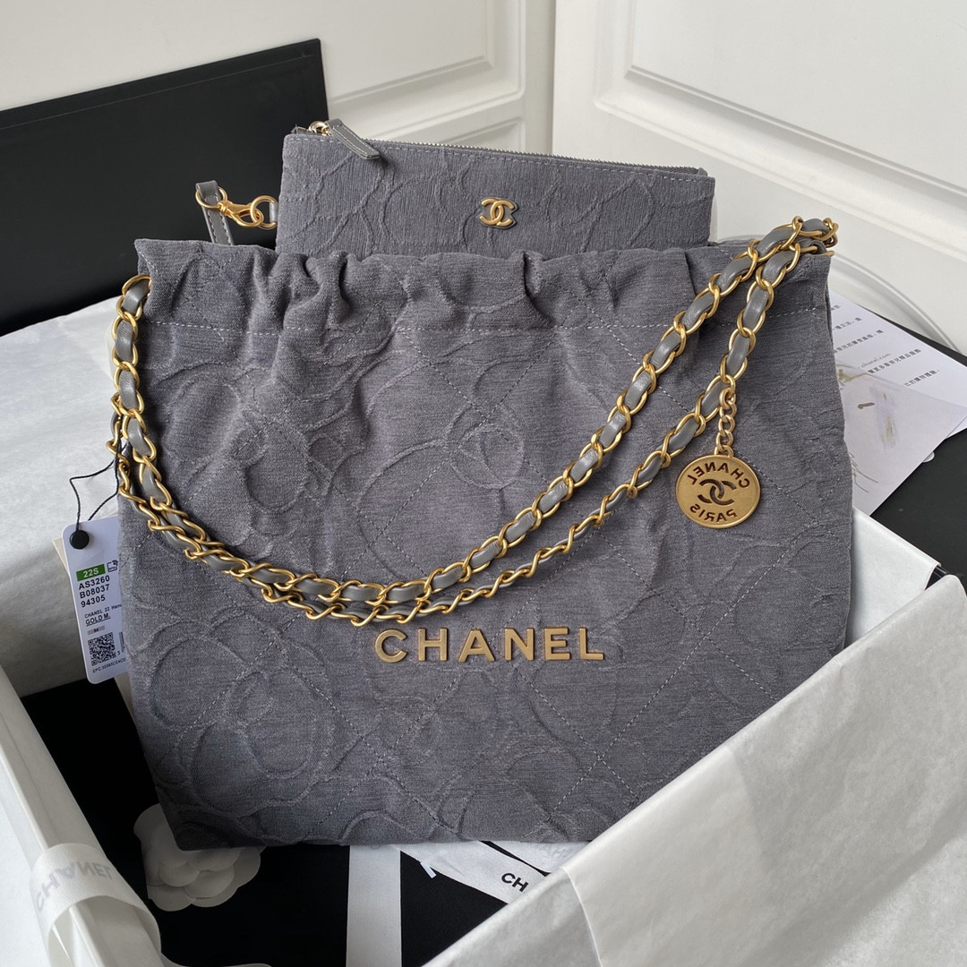 Ch**el 22 SMALL HANDBAG velvet GREY 13.7×14.4×2.7 in