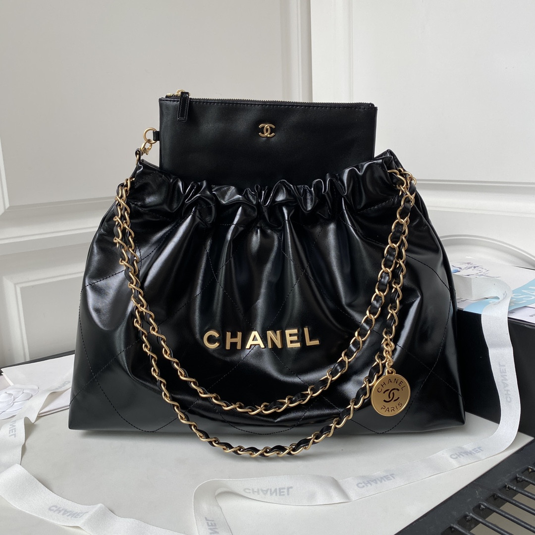 Ch**el 22 HANDBAG Shiny Calfskin BLACK 30×45×8cm