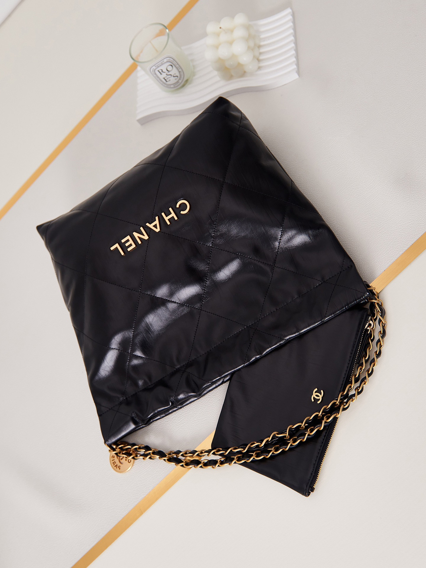 Ch**el 22 SMALL HANDBAG Shiny Calfskin & GOLD Metal BLACK 13.7×14.4×2.7 in