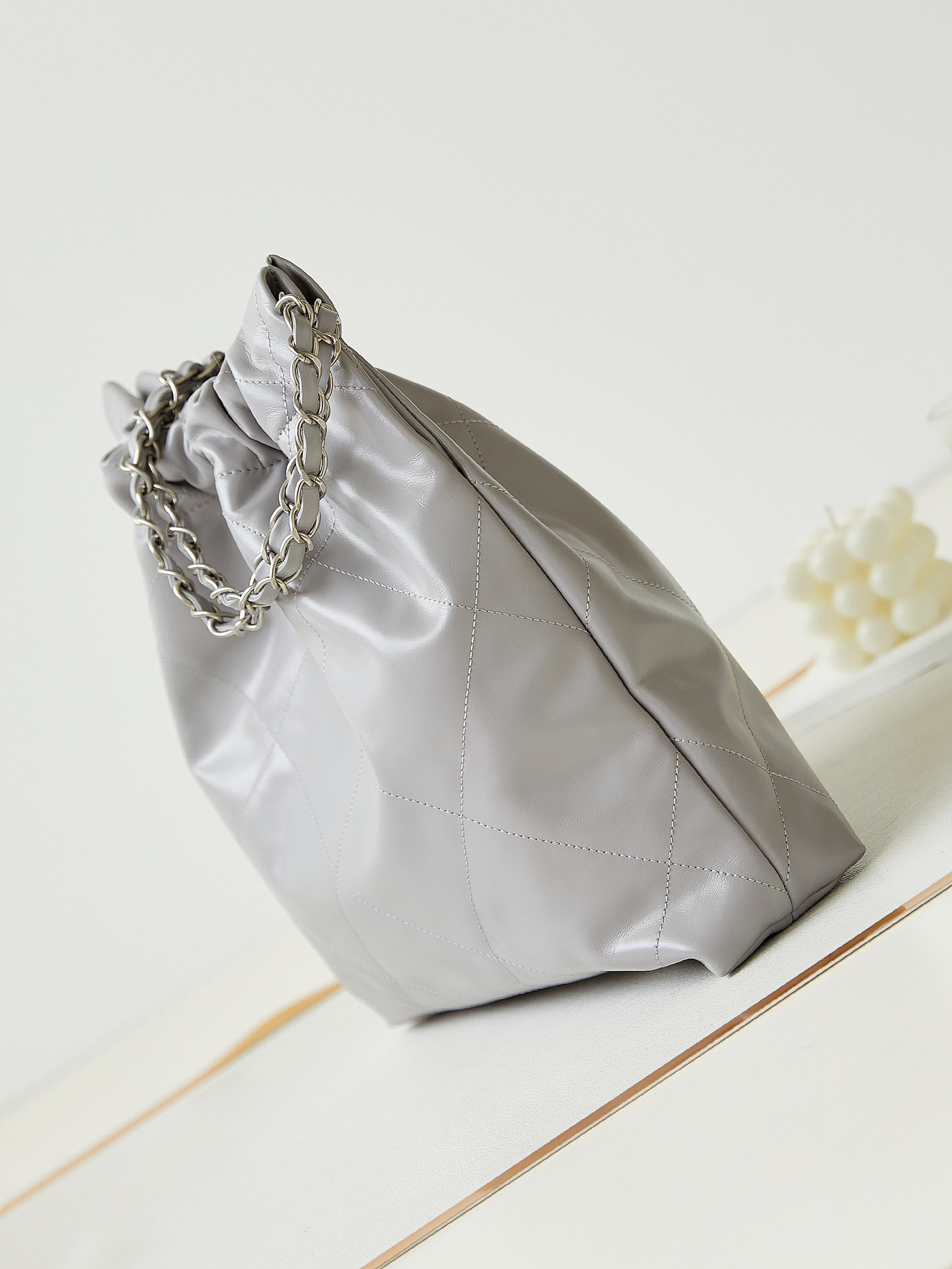 Ch**el 22 SMALL HANDBAG Shiny Calfskin GREY 13.7×14.4×2.7 in