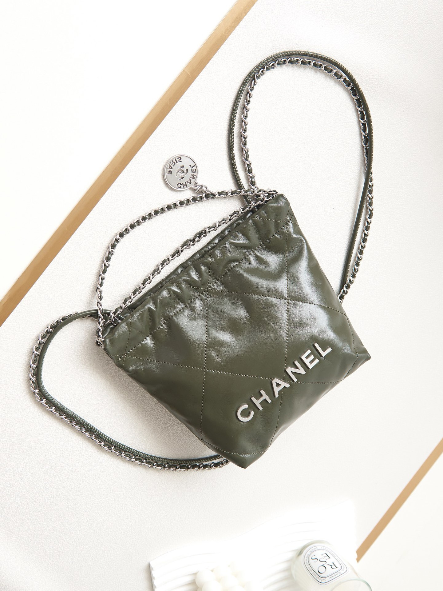 Ch**el 22 MINI HANDBAG Shiny Calfskin & Silver-Tone Metal black 7.8 × 7.4 × 2.3 in