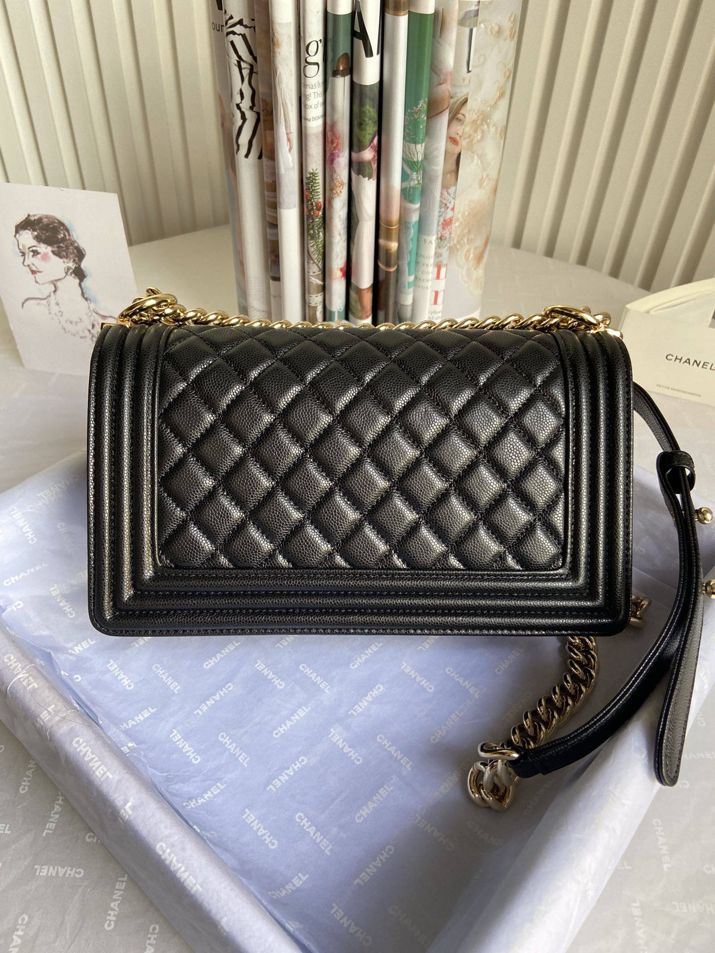 BOY Ch**el HANDBAG Shiny Grained Calfskin & Gold-Tone Metal Black 5.9 × 9.8 × 3.5 in