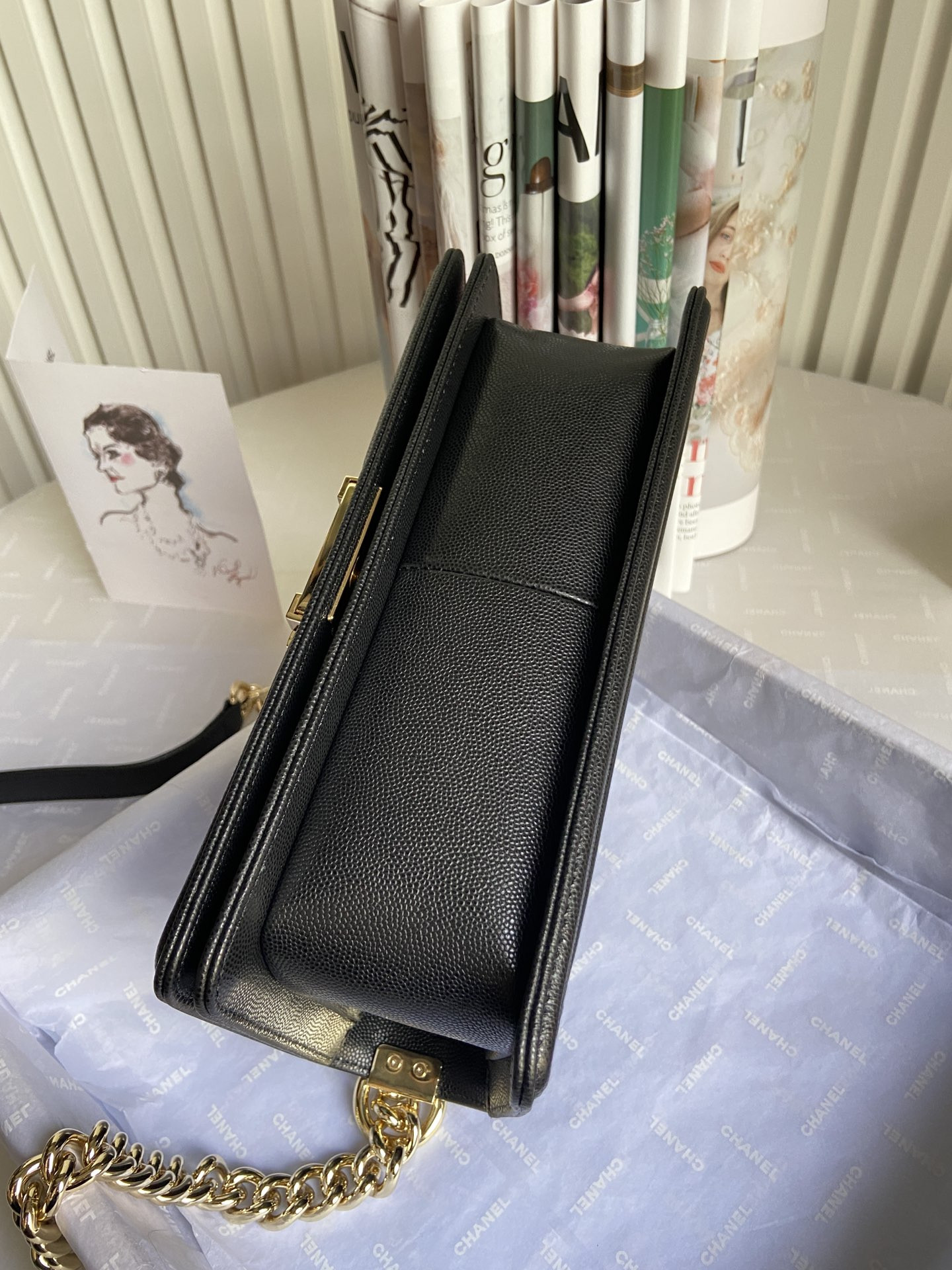 BOY Ch**el HANDBAG Shiny Grained Calfskin & Gold-Tone Metal Black 5.9 × 9.8 × 3.5 in