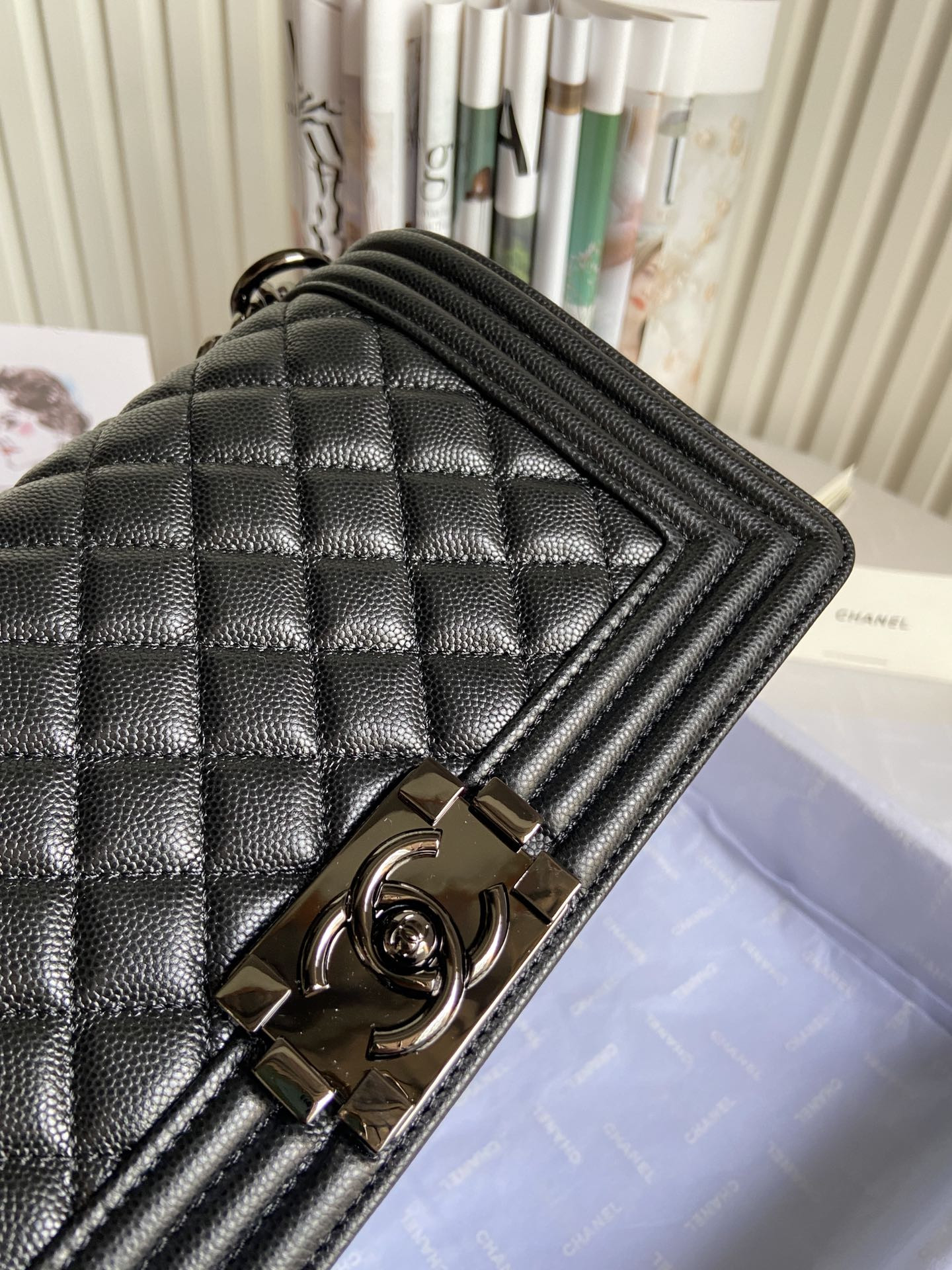 BOY Ch**el HANDBAG Shiny Grained Calfskin Black 5.9 × 9.8 × 3.5 in