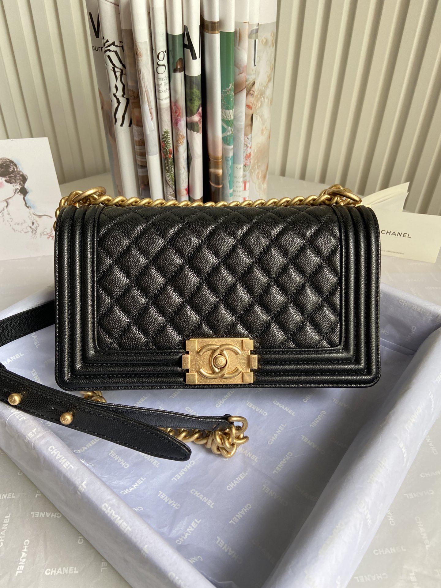 BOY Ch**el HANDBAG Shiny Grained Calfskin 5.9 × 9.8 × 3.5 in