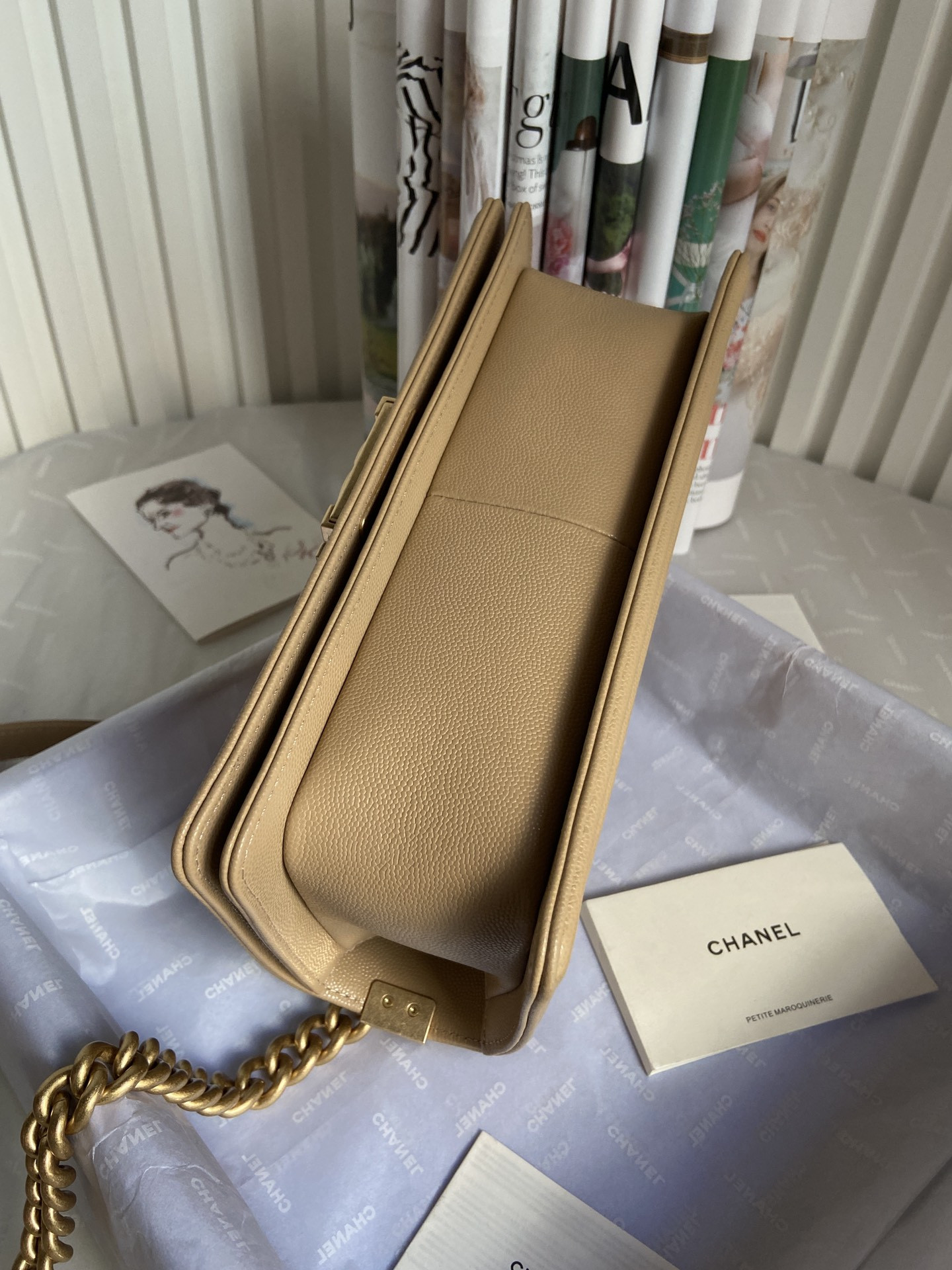 BOY Ch**el HANDBAG Shiny Grained Calfskin Brown 5.9 × 9.8 × 3.5 in