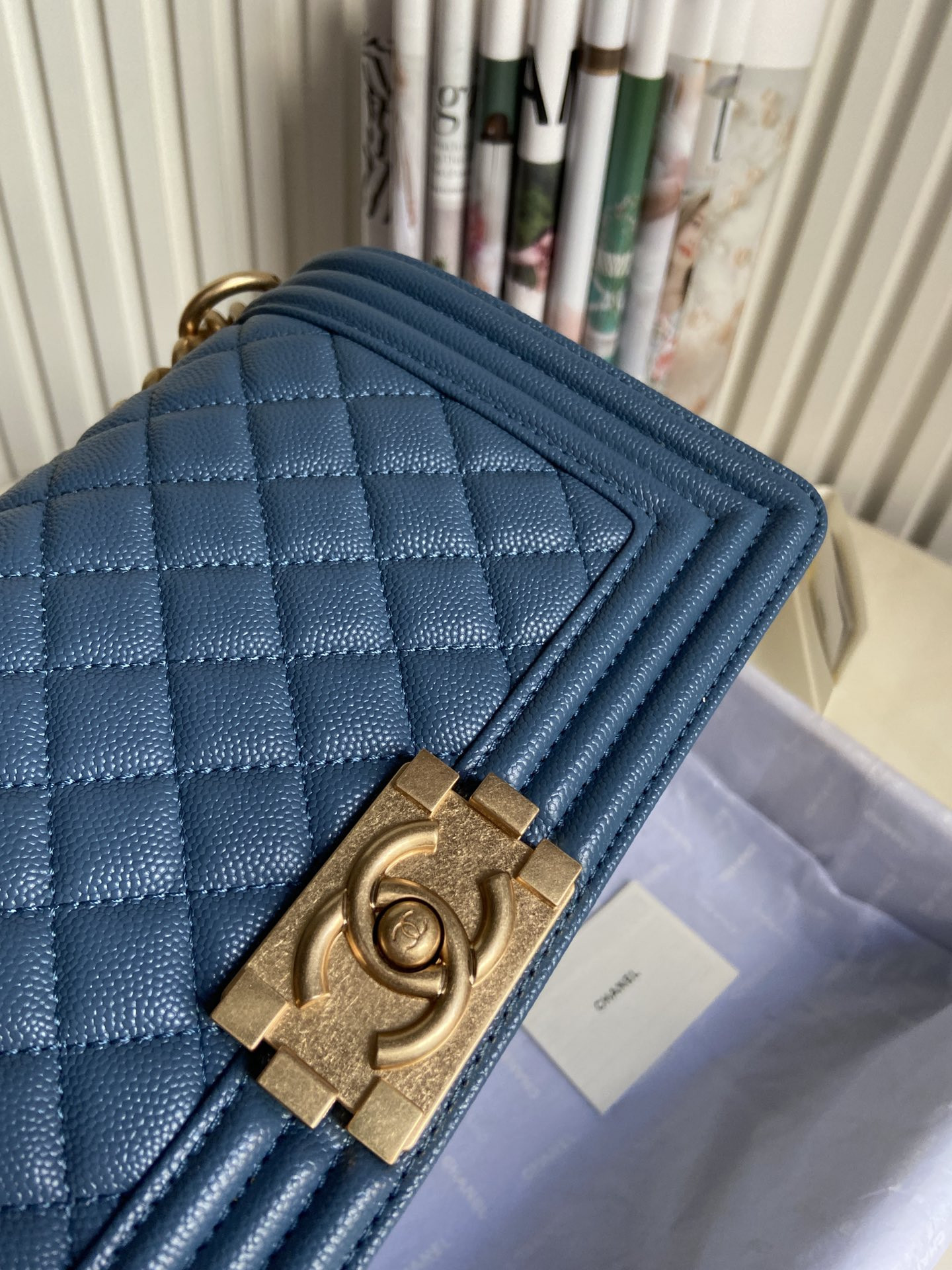 BOY Ch**el HANDBAG Shiny Grained Calfskin & Gold-Tone Metal Blue 5.9 × 9.8 × 3.5 in